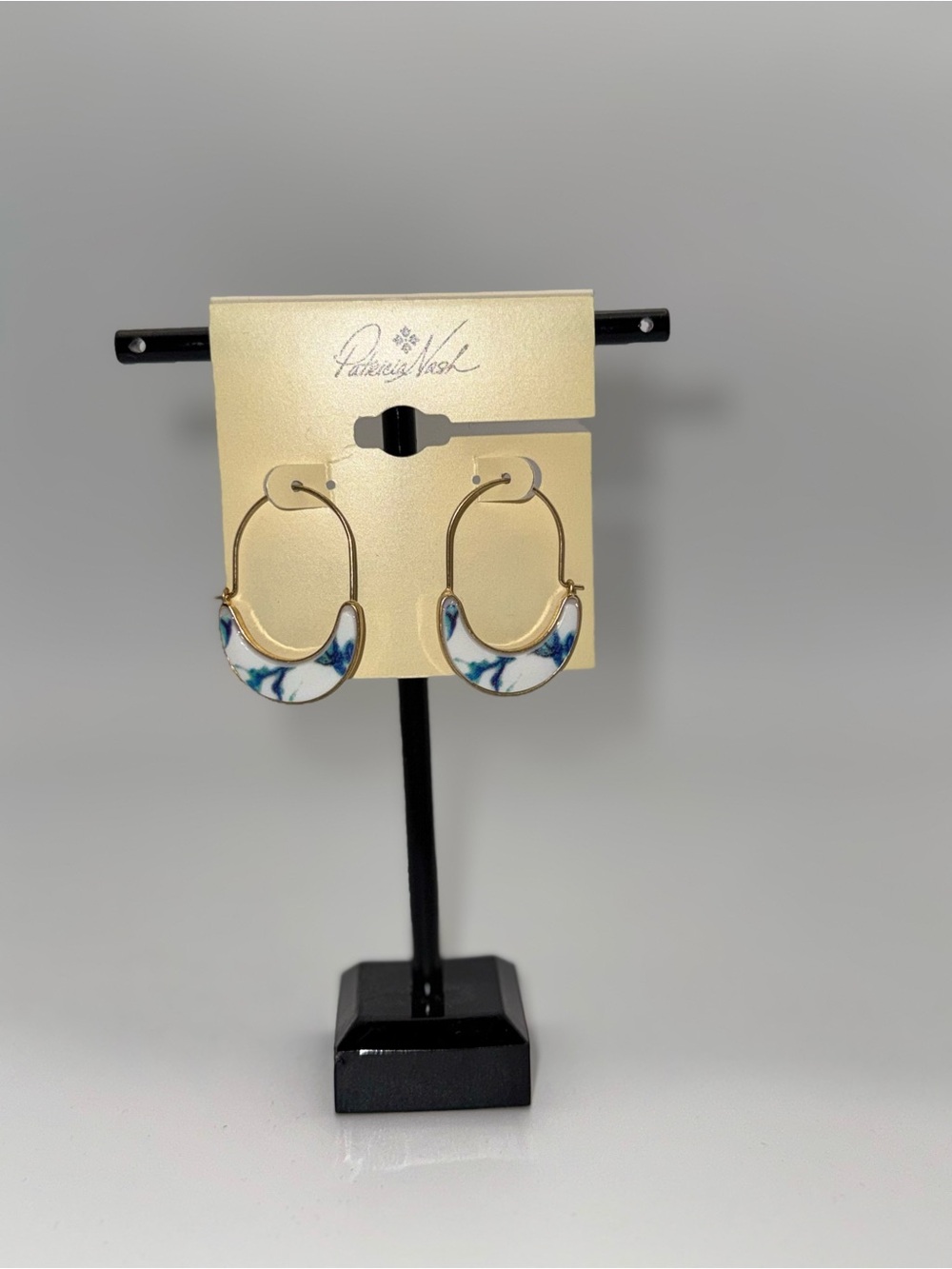 Patricia Nash Blue and White Marble Crescent Hoop Earrings - Gold